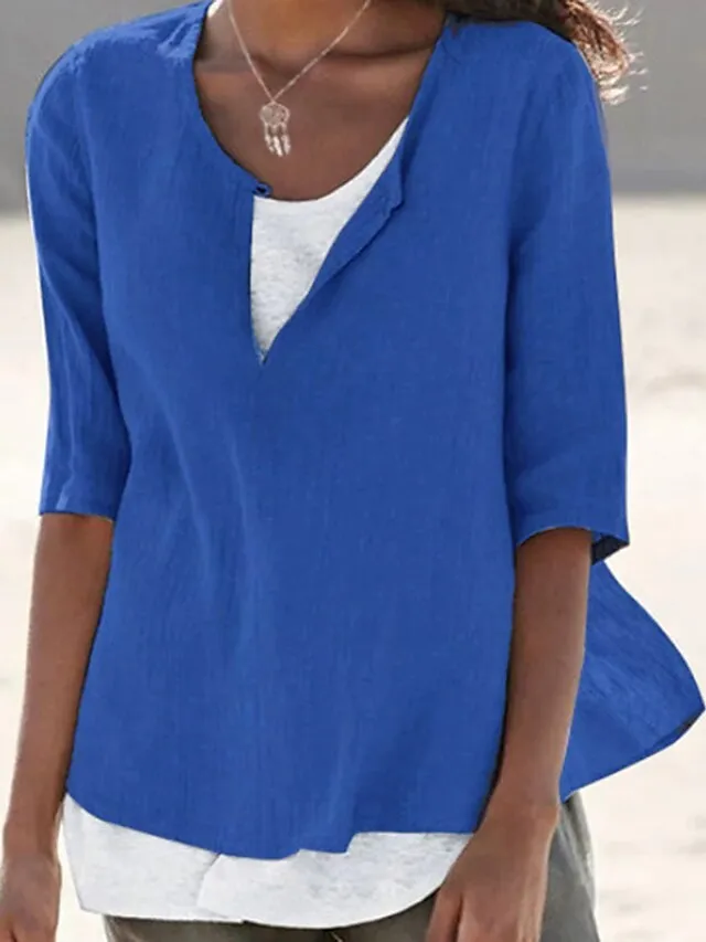 Women's Shirt Blouse Plain Black White Pink Half Sleeve Holiday Casual Beach V Neck Regular Fit