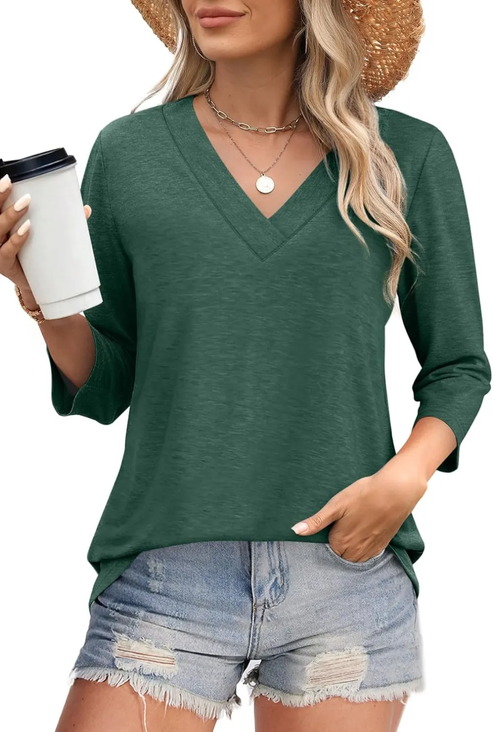 ⏰Hot Sale-Women's V Neck 3/4 Long Sleeve Tops Loose Fit Blouse