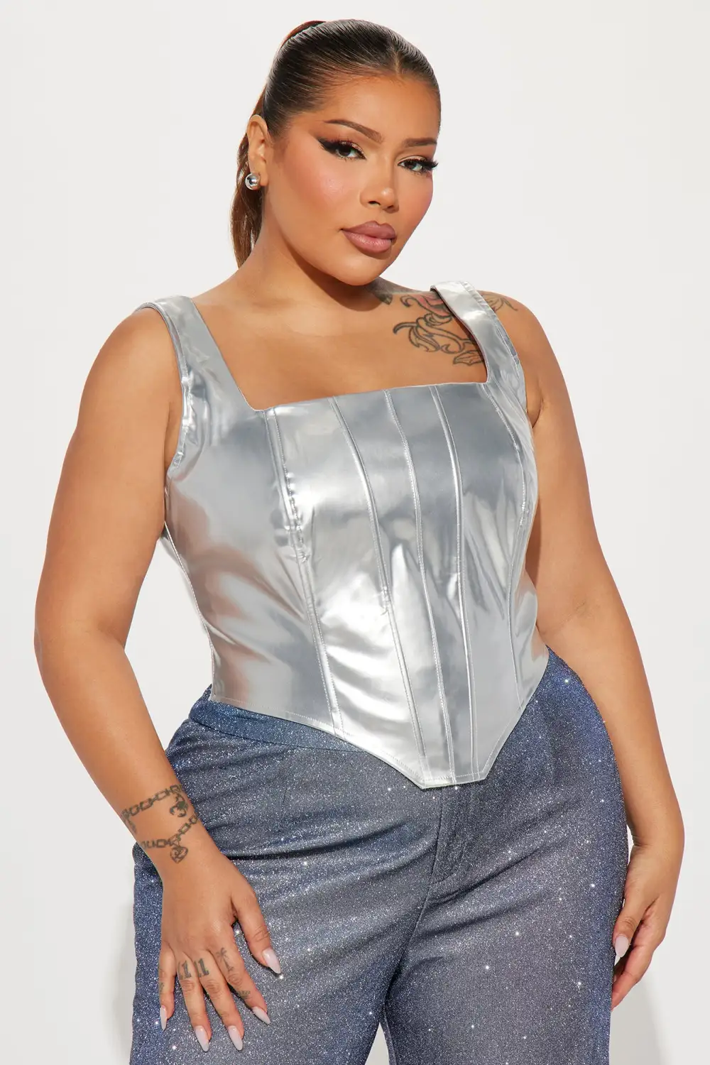 She's Iconic Metallic Corset Top - Silver