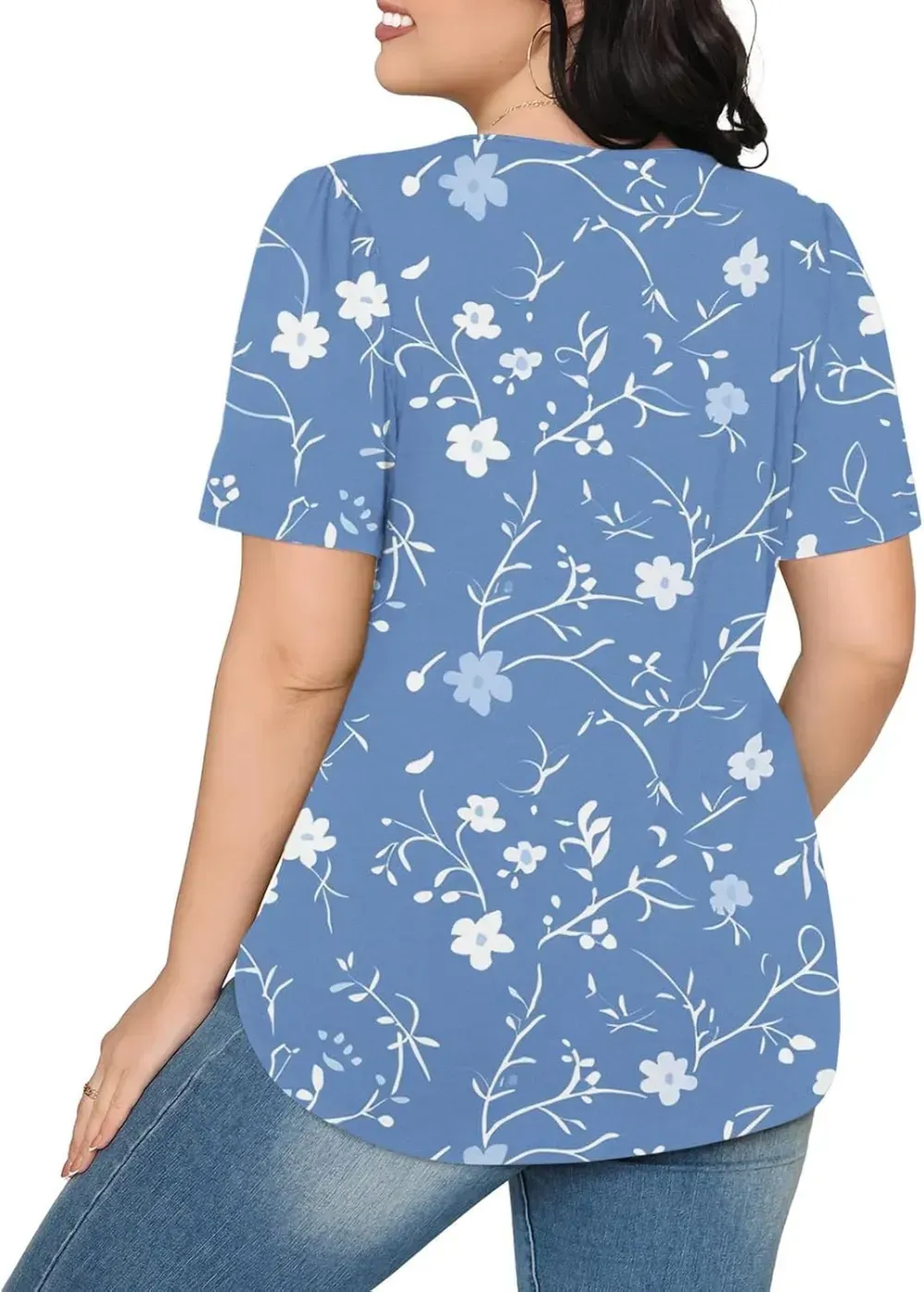 Womens Summer Pleated Front Shirts Tunics Casual Short Sleeved Loose Round Neck Boho Printed Tops Vacation Blouse