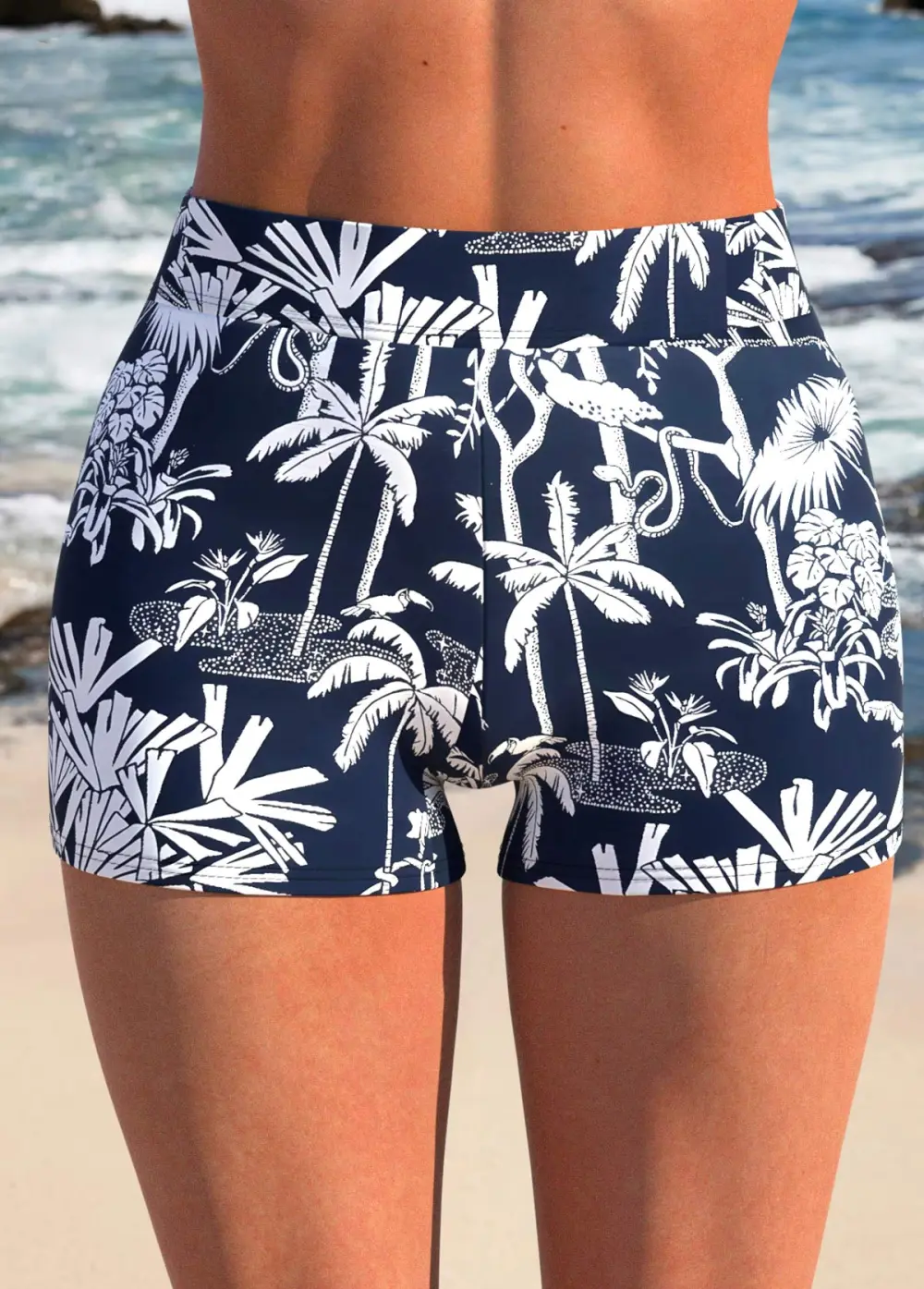 Ruffle Tropical Plants Print Navy Tankini Set