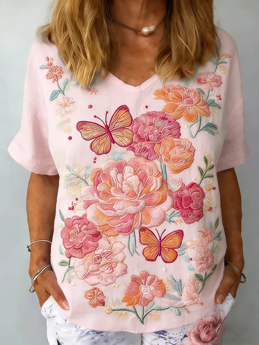 Women's Retro Butterfly Peony Embroidery Art Pattern V-Neck T-Shirt