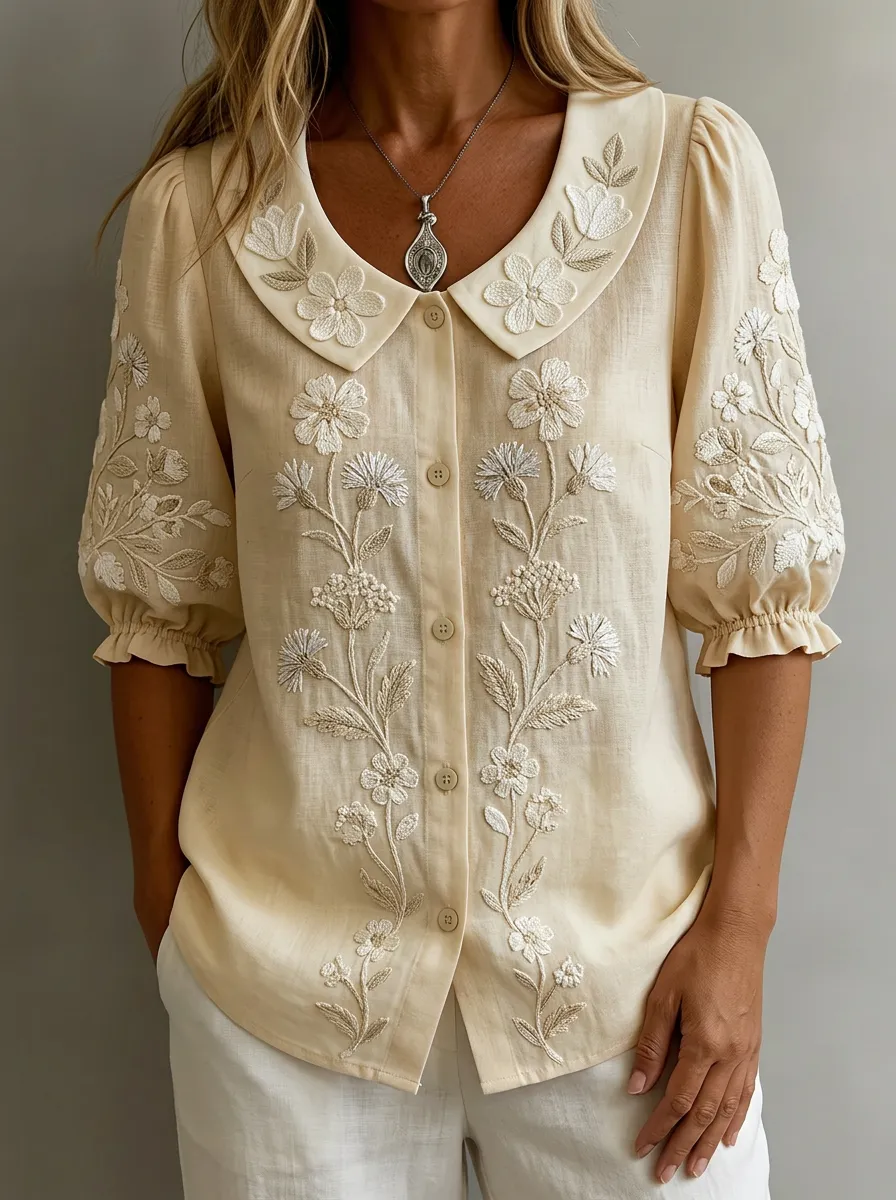 Women's Nashville Floral Embroidered Peter Pan Collar Printed Top