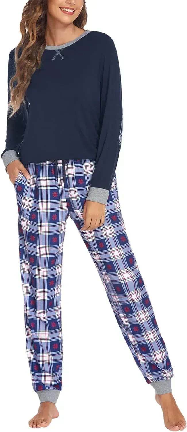 Women's Pajamas Sets Long Sleeve with Plaid Pants Soft Sleepwear O Neck 2 Piece Pjs Joggers Loung Set with Pockets