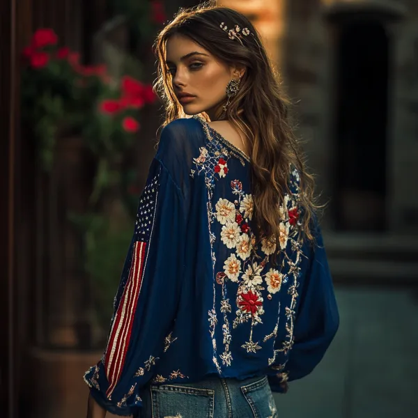 Vintage American Flag And Floral Embroidery Cotton And Linen V-neck Shirt