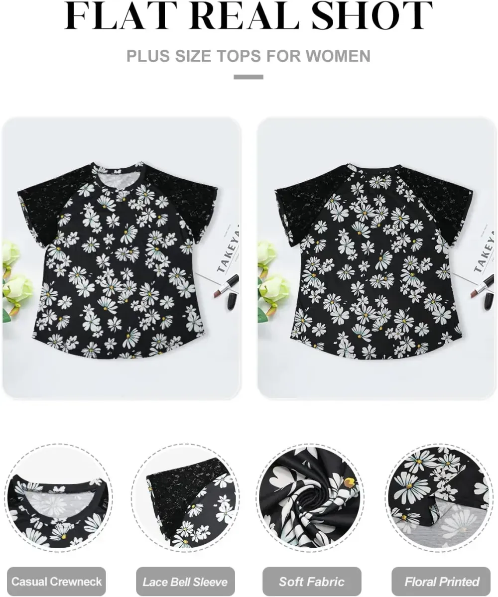 HDLTE Womens Plus Size Tops Floral Bell Sleeves Blouses Summer Crewneck Tunic Loose Casual T Shirts