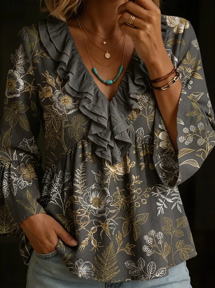 Women's Nashville Botanical Floral Ruffle Printed Top