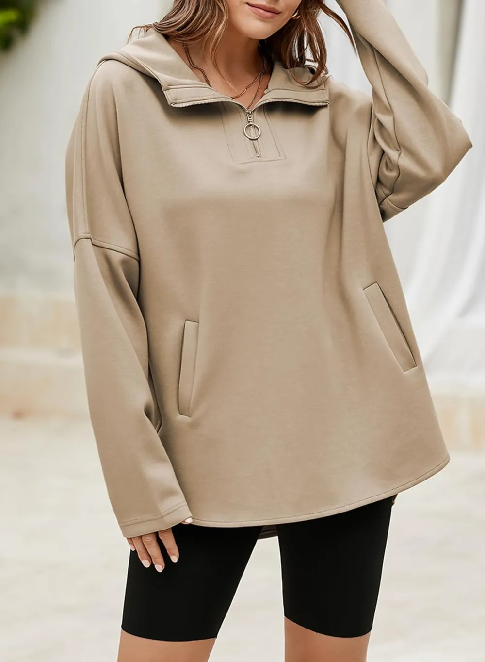 Women's Oversized Hoodies Casual Long Sleeve Half Zipper Pocket Sweatshirt Pullover Tops