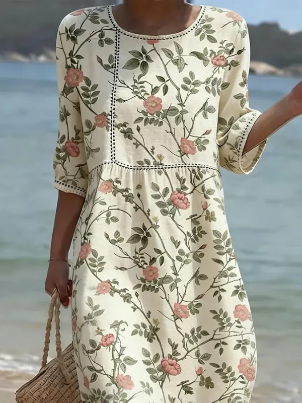 Women's Casual Retro Printed Round Neck Dress