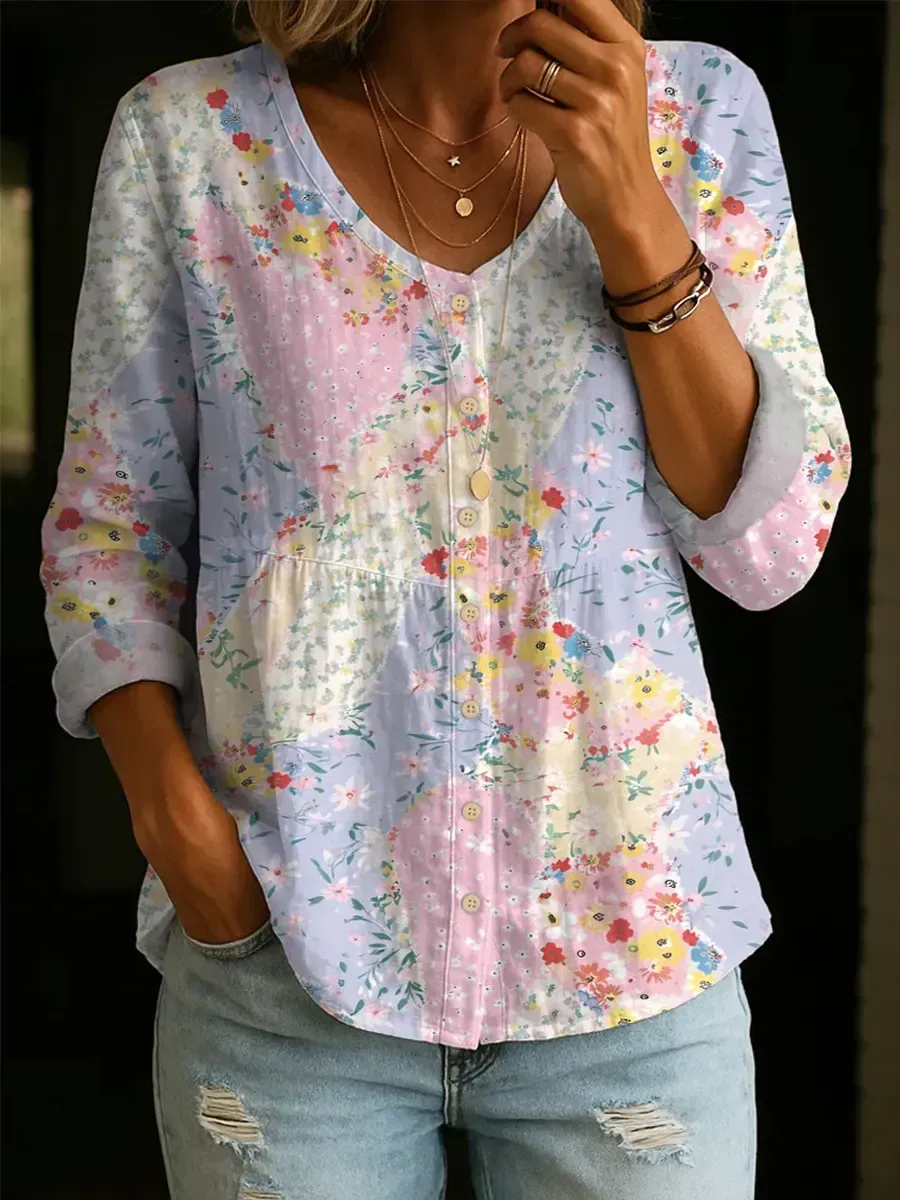 Women's Floral Pattern Art Printed Casual Cotton Shirt - Queen Of Nature