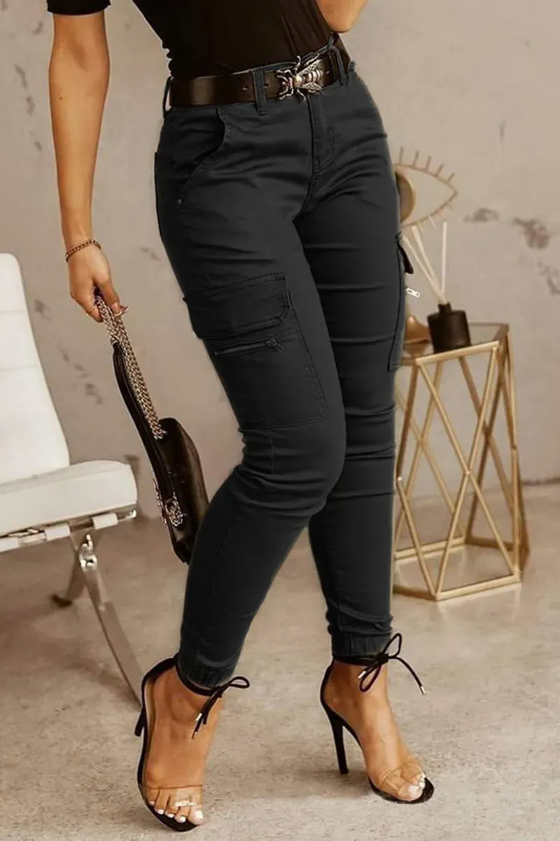 Flap Pocket Zip Detail Mid Waist Pants