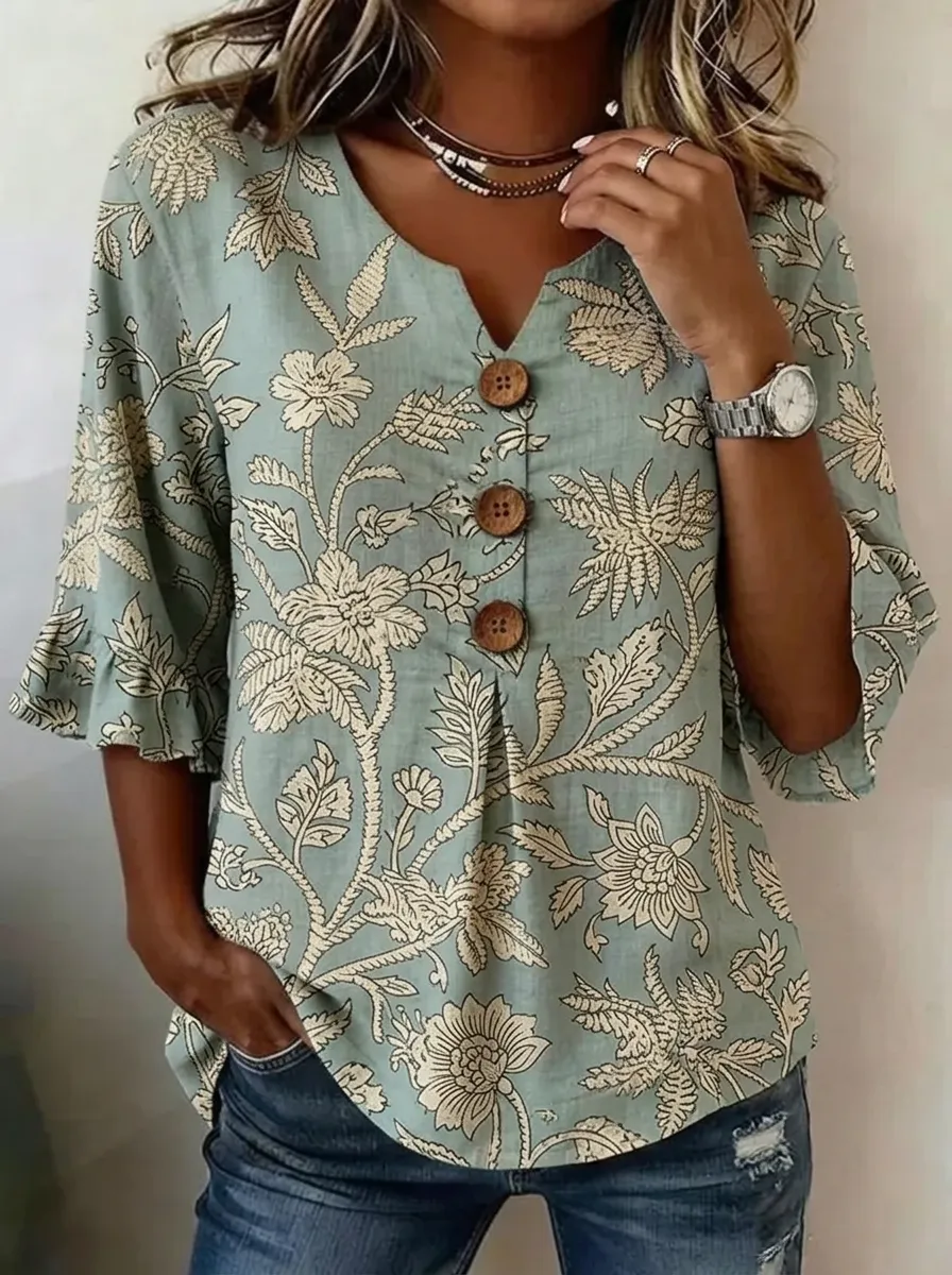 Women's Nashville Floral Botanical Printed V-Neck Button Top