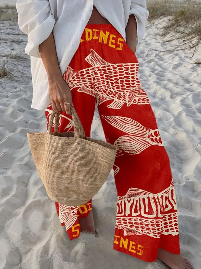 Women'S Retro Fish Pattern Unique Ocean Print Elastic Waist Loose Pocket Casual Pants