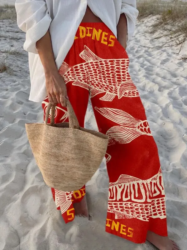 Women'S Retro Fish Pattern Unique Ocean Print Elastic Waist Loose Pocket Casual Pants