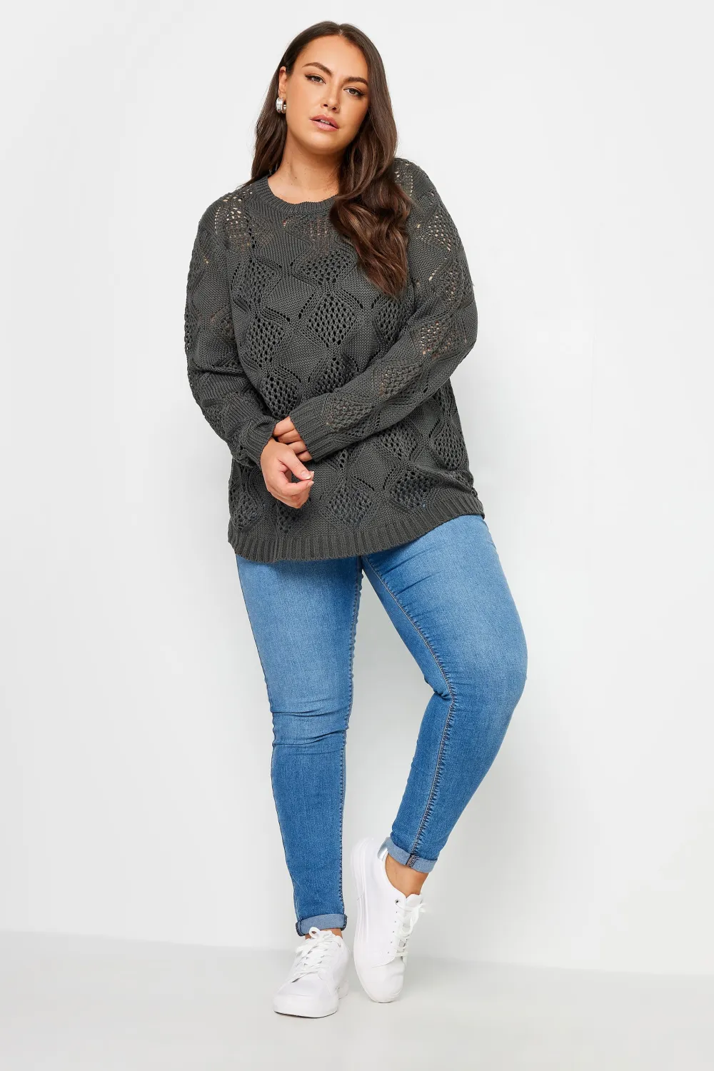 YOURS Curve Grey Pointelle Stitch Jumper
