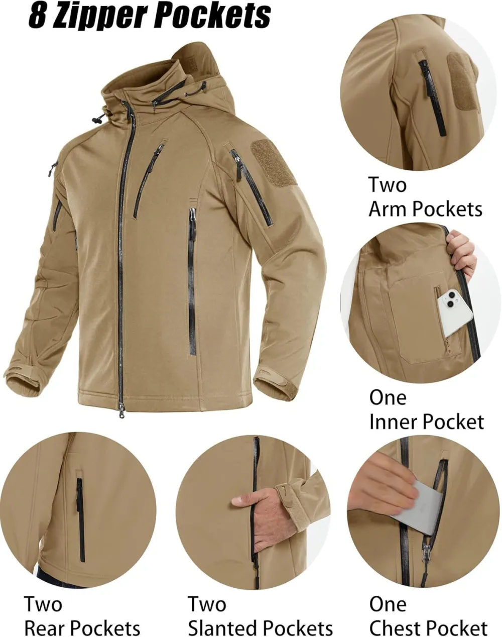 Men's Tactical Jacket 8 Pockets Water Resistant Jacket Softshell Fleece Lined Jacket Winter Coats Ski Jacket