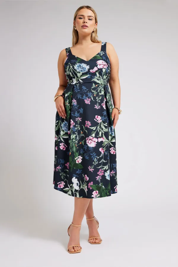 YOURS LONDON Curve Navy Blue Floral V Neck Dress