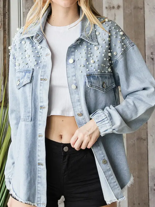 Ripped Tassel Pearl Denim Jacket