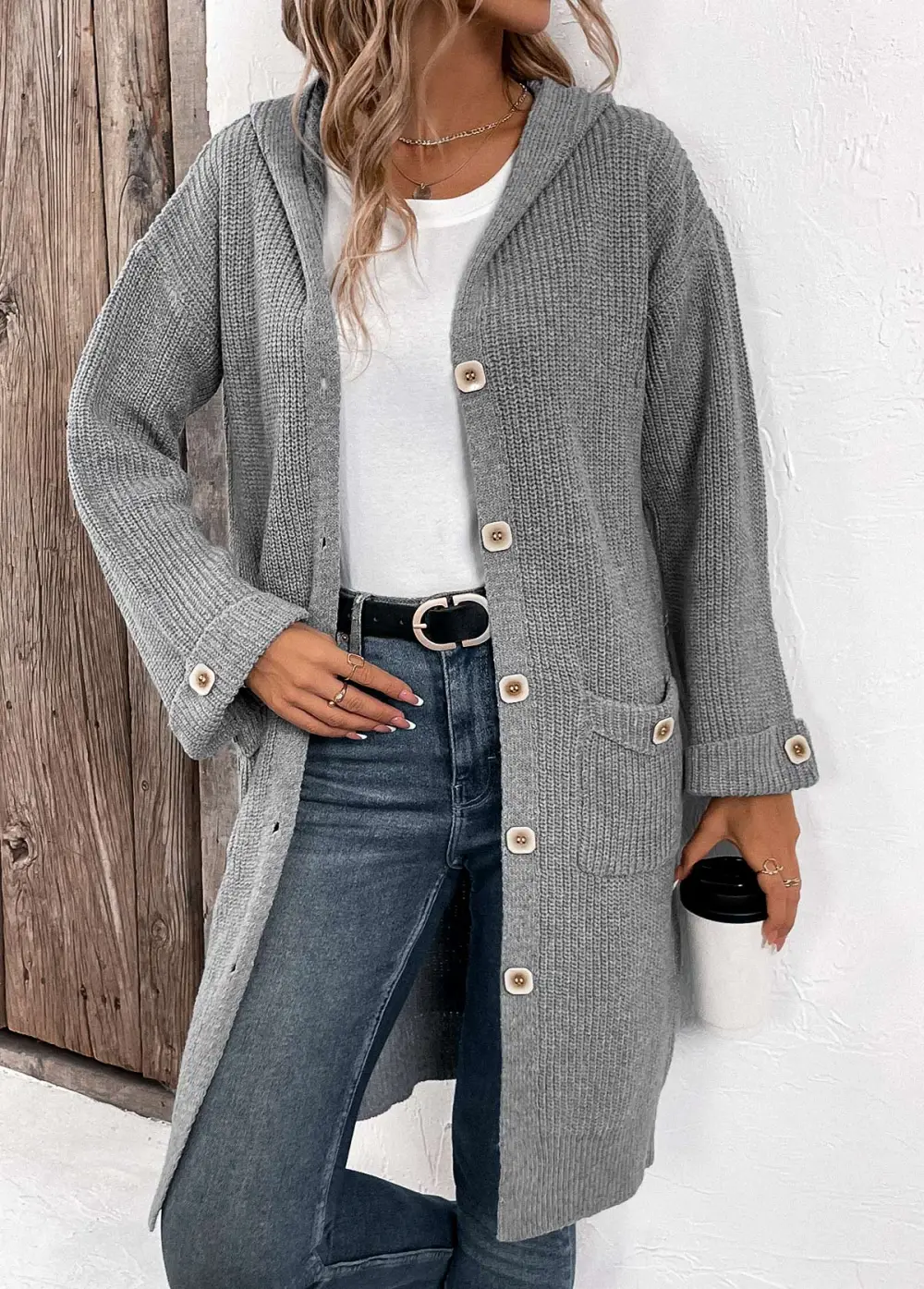 Grey Button Long Sleeve V Neck Cardigan