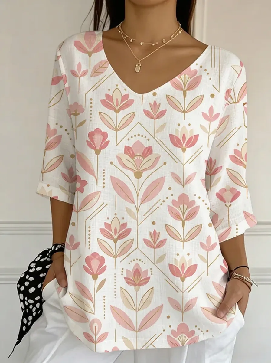 Women's Nashville Floral Geometric Printed V-Neck Top