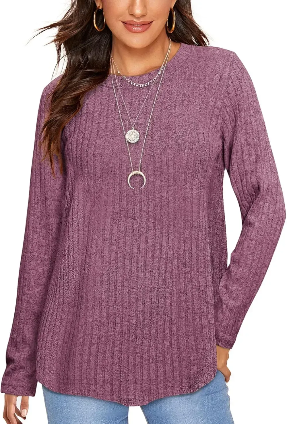 OFEEFAN Long Sleeve Shirts for Women Lightweight Crew Neck Casual Tunic Tops