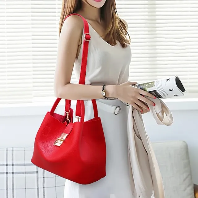 Women's Handbag Crossbody Bag Shoulder Bag PU Leather Office Daily Chain Solid Color Black Pink Red