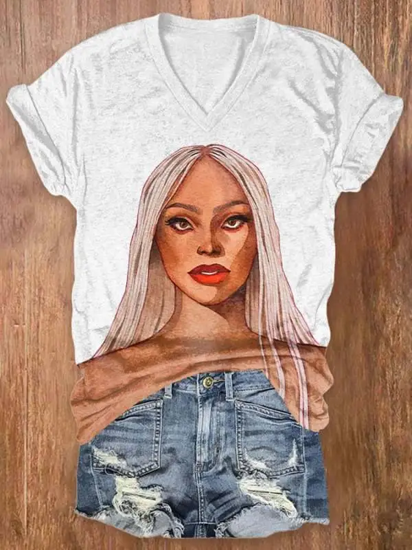 V Neck Retro Country Western Music Print T-Shirt