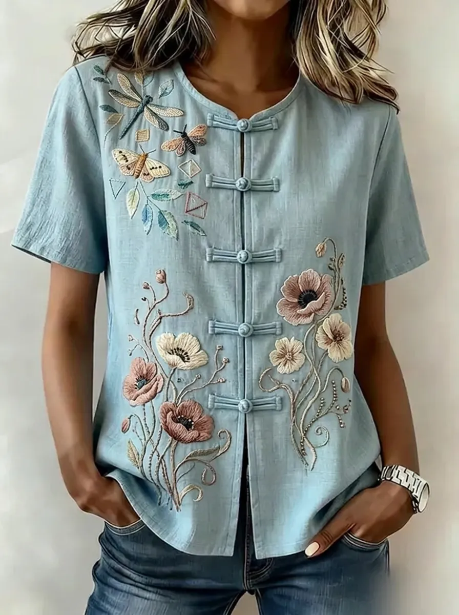 Women's Nashville Floral Dragonfly Embroidered Printed Top