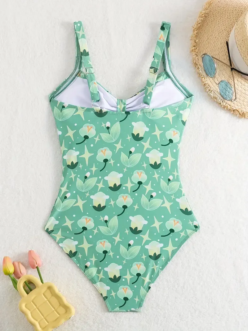 Chic Floral One-Piece Swimsuit for Women - Sexy Off-Shoulder Ruched Design with Removable Pads, High-Elasticity Polyester Blend, Perfect for Beach & Poolside, Bathing Suit