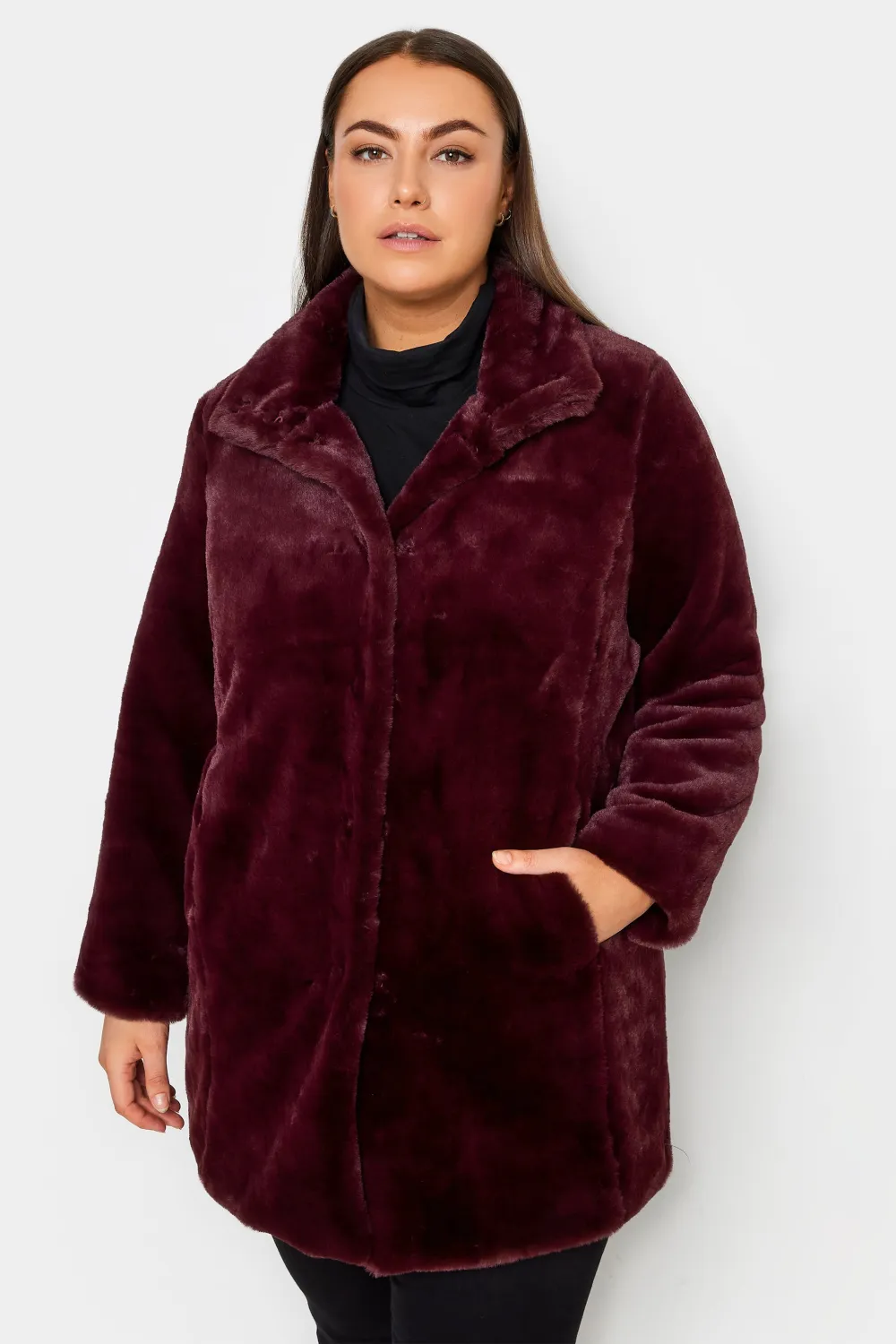 Evans Burgundy Red Faux Fur Coat