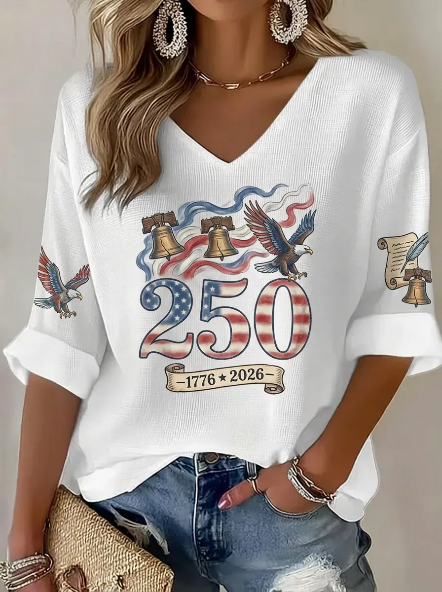 Women's USA 250th Anniversary Eagle Liberty Bell Printed V-neck Top