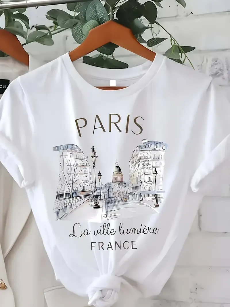 Women's Paris Print Casual Summer Crew Neck Short Sleeve T-Shirt
