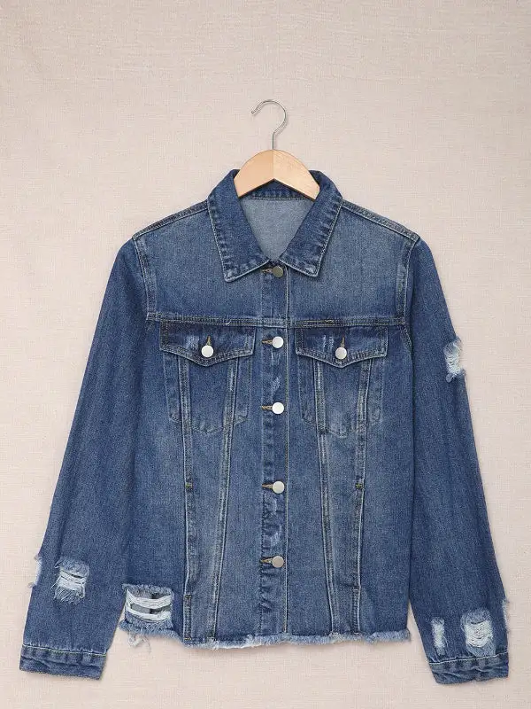 Lapel Distressed Raw Hem Buttons Denim Jacket