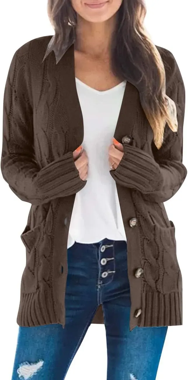 MEROKEETY Women's 2024 Fall Long Sleeve Cable Knit Sweater Open Front Cardigan Button Loose Outerwear