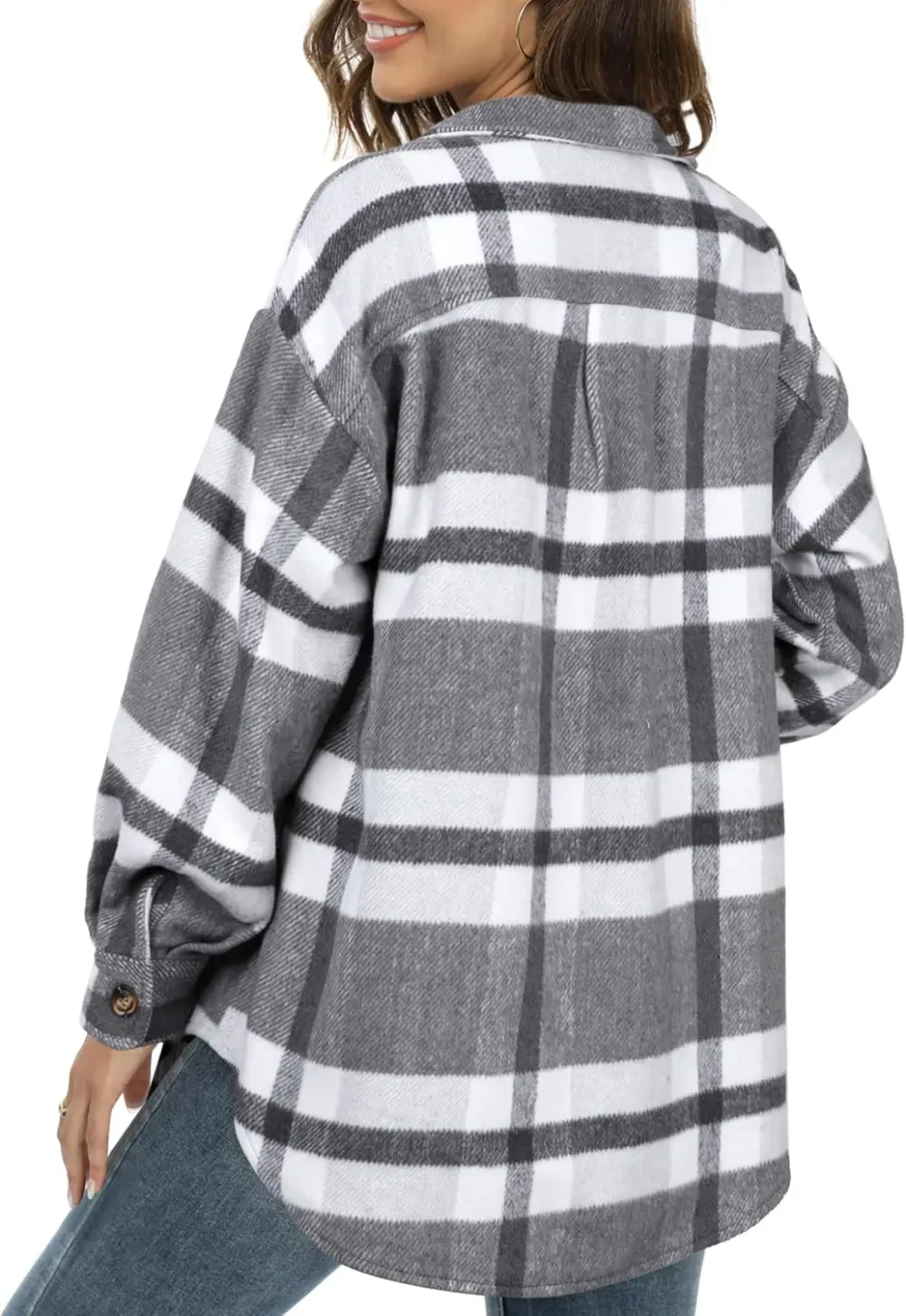 Women's Casual Plaid Flannel Shacket Jacket Oversized Button Down Long Sleeve Fall Shirts Jacket Lapel Coats Tops