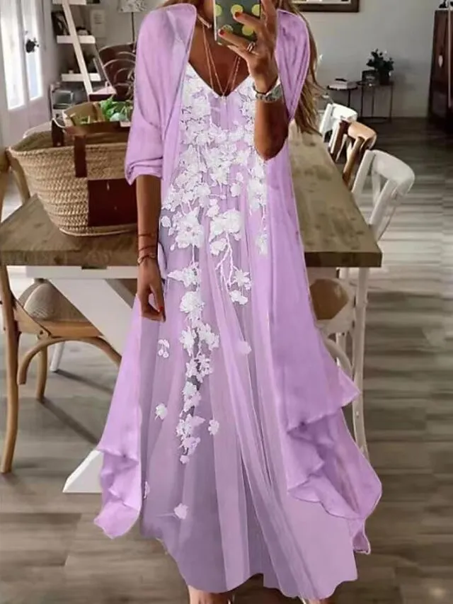 Women's Casual Dress Dress Set Two Piece Dress Long Dress Maxi Dress Purple Brown Green Half Sleeve Flower Print Summer Spring V Neck Fashion Vacation 2023 S M L XL XXL 3XL