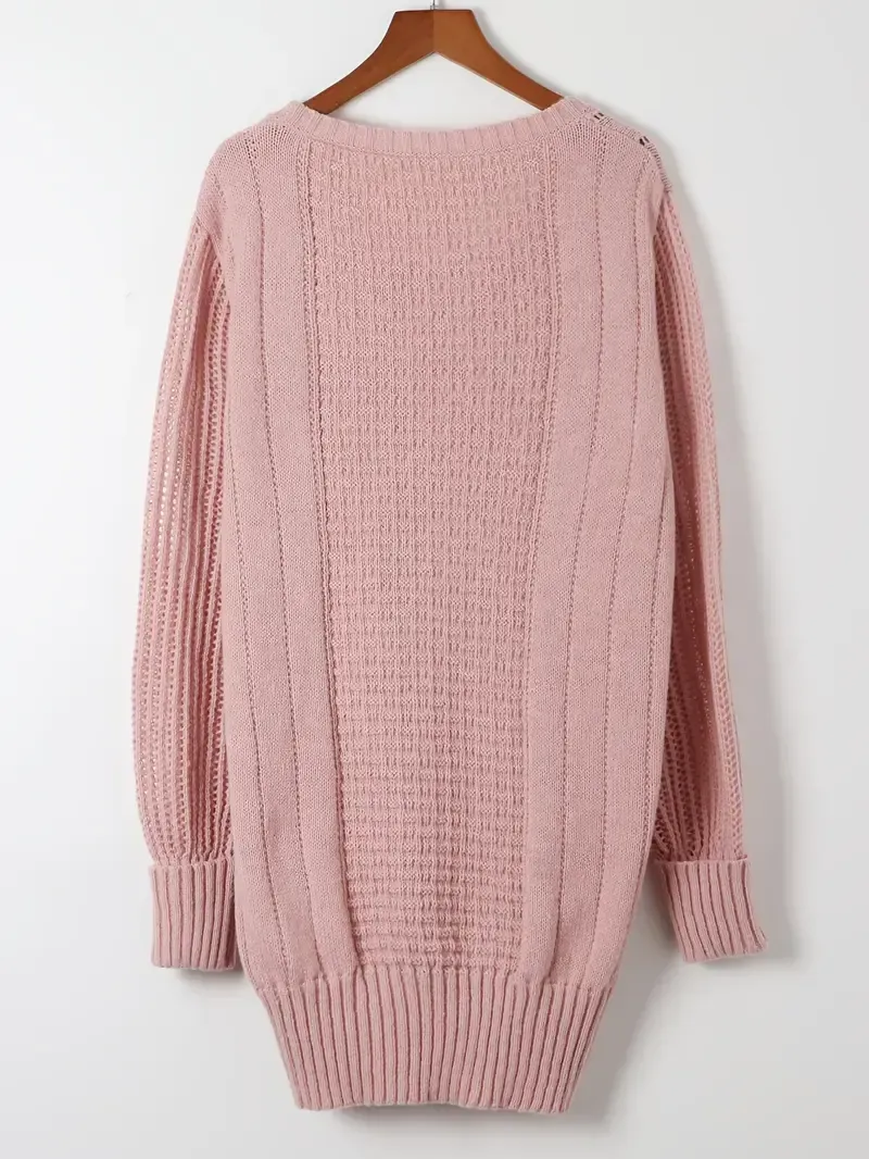 Elegant Pink Knit Sweater Dress for Women - Casual Long Sleeve, Round Neck, Bodycon Midi with Cable Knit Pattern, Perfect for Fall/Winter, 100% Polyester