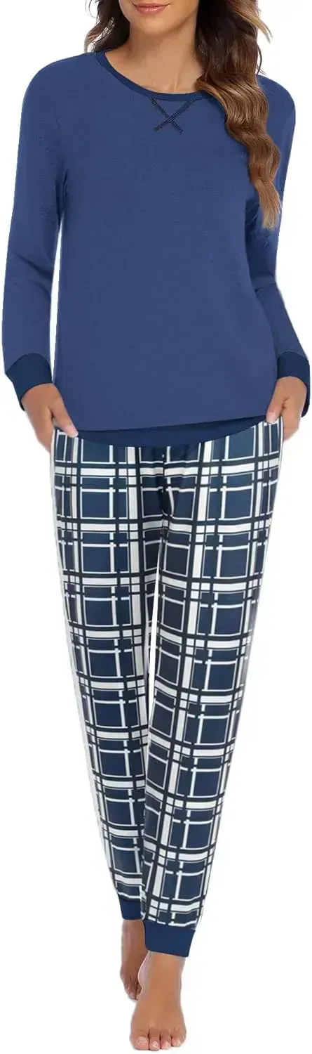 Women's Pajamas Sets Long Sleeve with Plaid Pants Soft Sleepwear O Neck 2 Piece Pjs Joggers Loung Set with Pockets