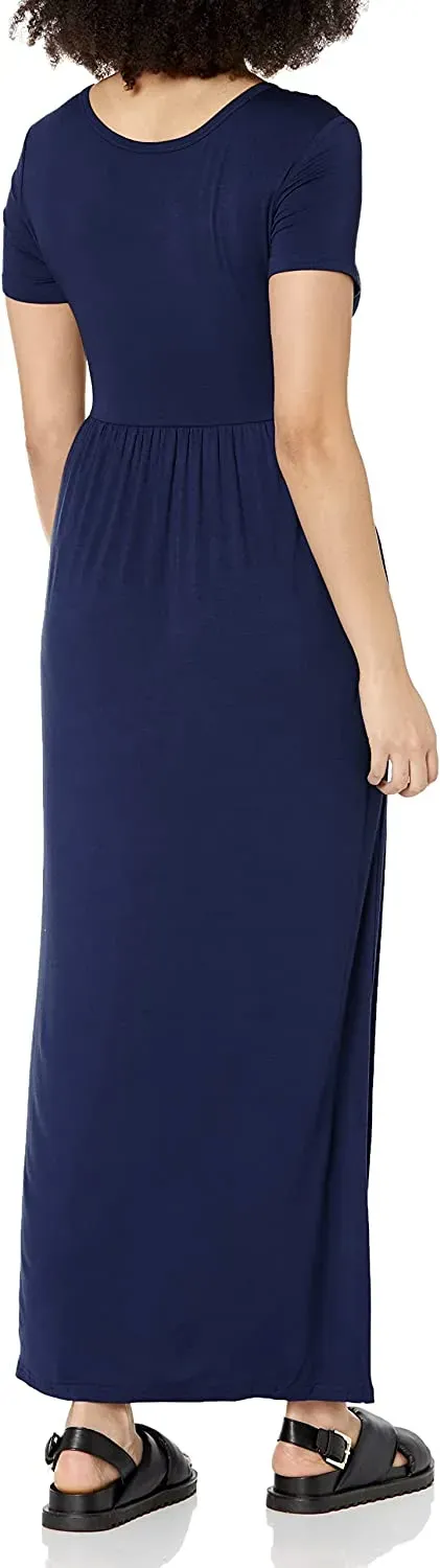 Women's Short Sleeve Loose Plain Maxi Dresses Casual Long Dresses with Pockets