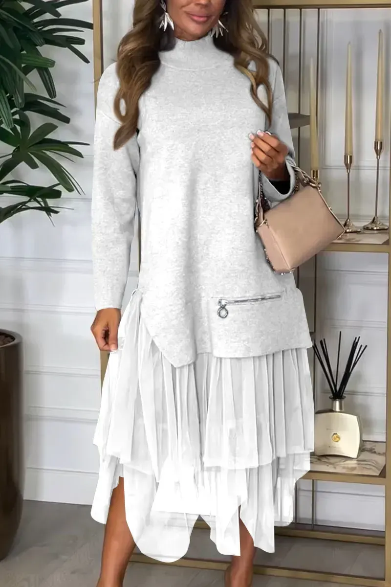 Women's Casual Solid Color Mesh Patchwork Dress