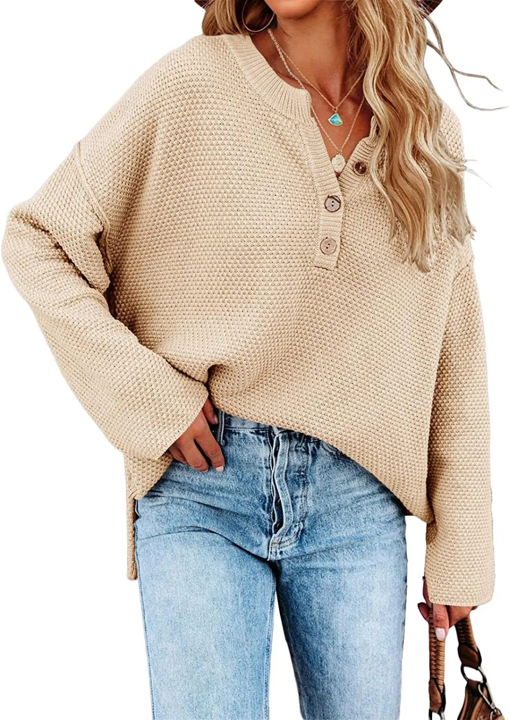 Women's Oversized Sweaters Batwing Long Sleeve Loose V Neck Button Henley Tops Pullover Knit Jumper