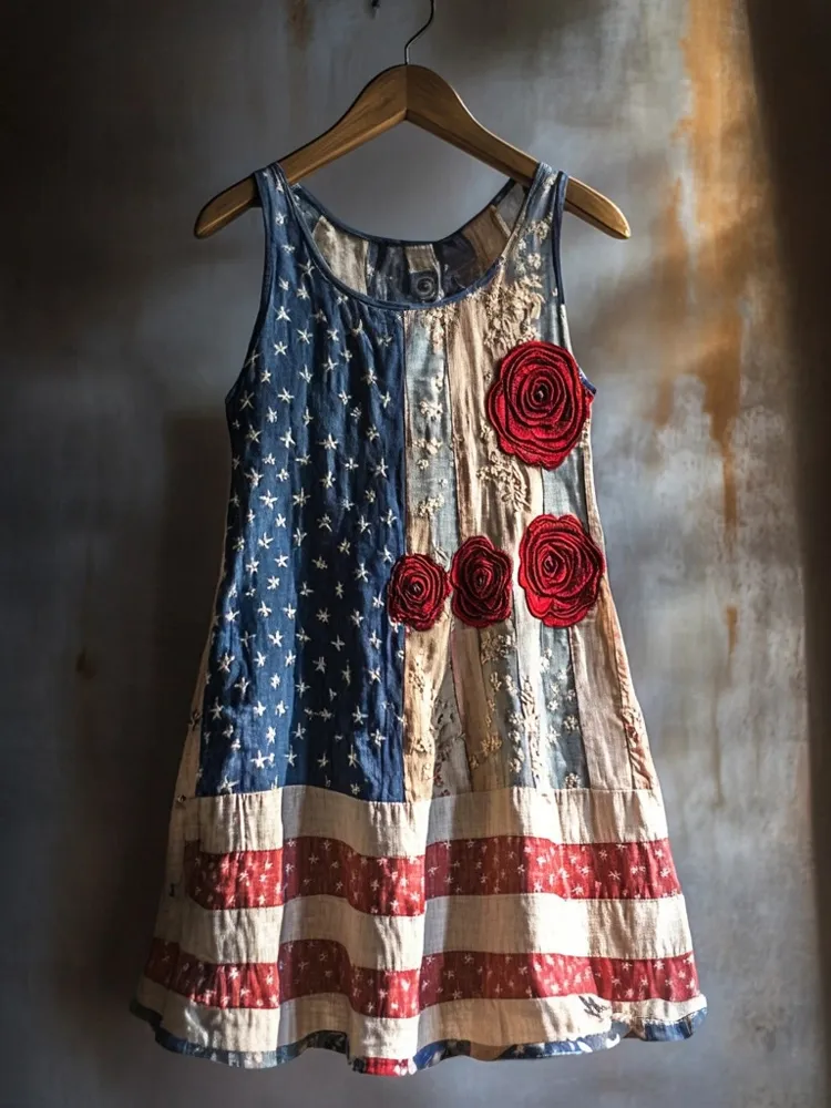 Vintage Flag Inspired Rose Embroidered Linen Tank Top