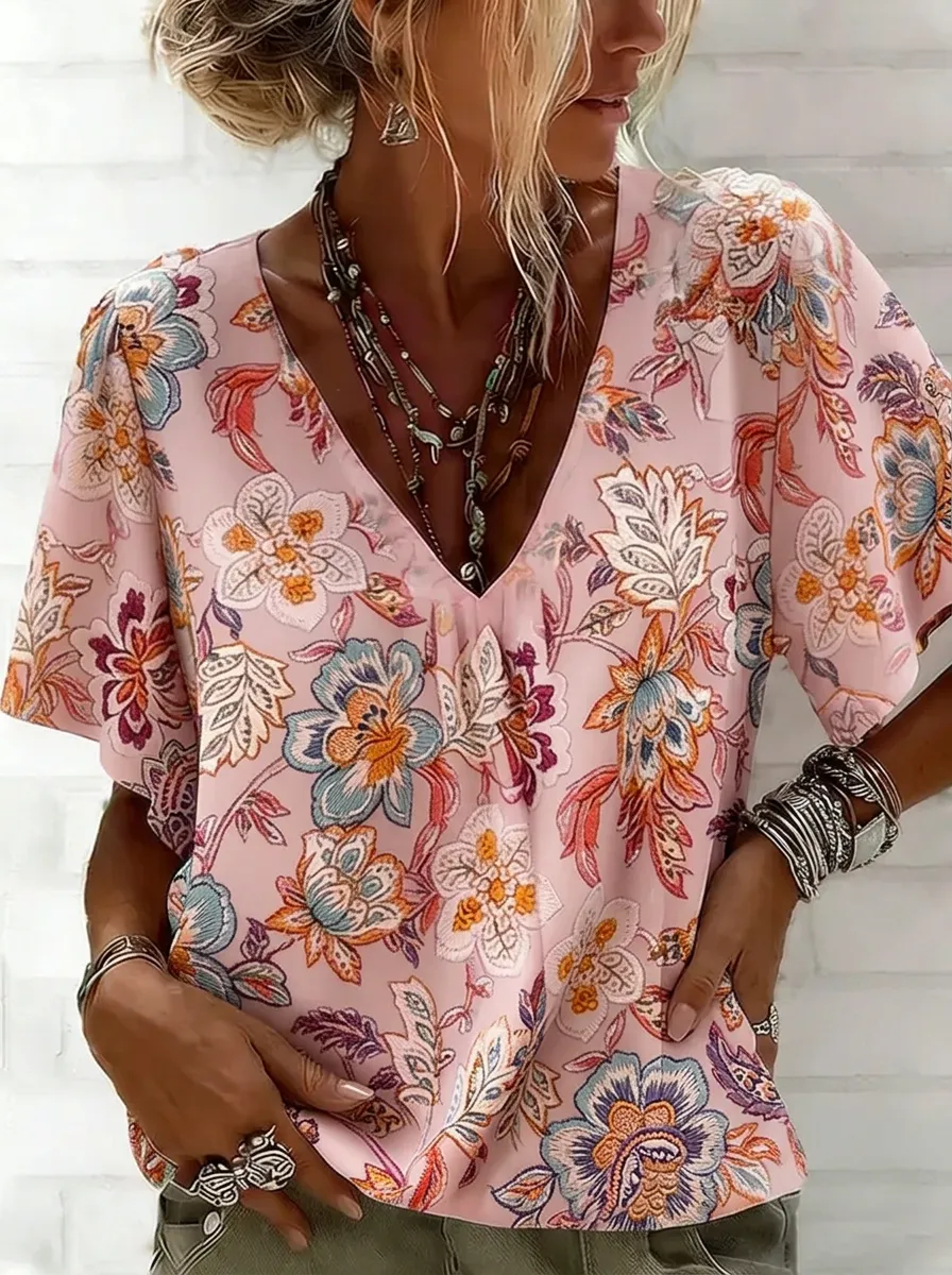 Women's Nashville Floral Pattern Printed V-neck Top