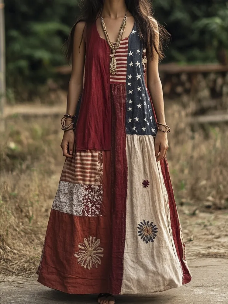 Independence Day Flag Elements Vintage Printed Women's Linen Vest Dress