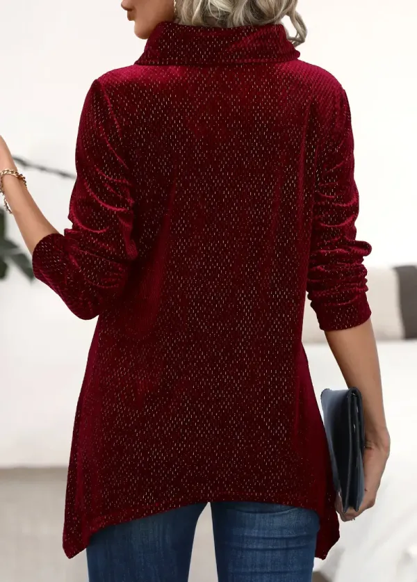 Wine Red Shinning Long Sleeve Asymmetrical Neck Sweatshirt