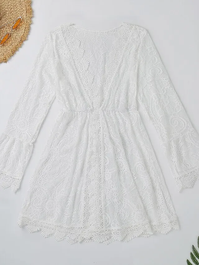 Women's Swimwear Cover Up Beach Top Normal Swimsuit UV Protection Lace Crochet Solid Color White Bathing Suits Modern Vacationy / Sweet / New / Padless