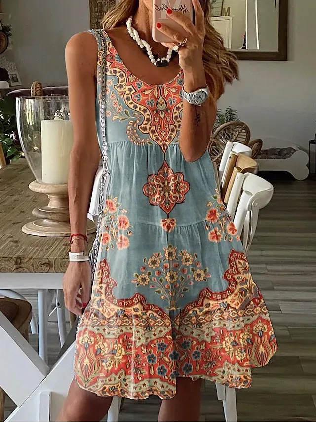 Women's Sundress Tank Dress Floral Ruched Print U Neck Midi Dress
