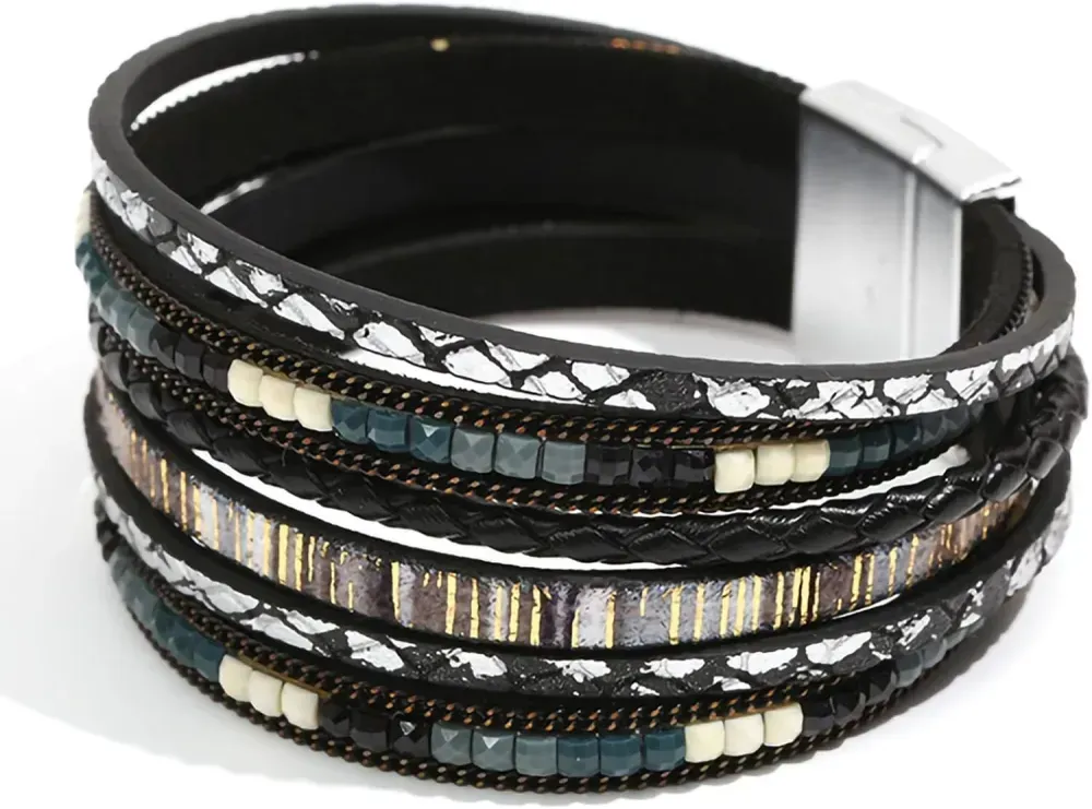 Fesciory Leather Wrap Bracelets for Women, Boho Leopard Multi-Layer Crystal Beads Cuff Bracelet Jewelry