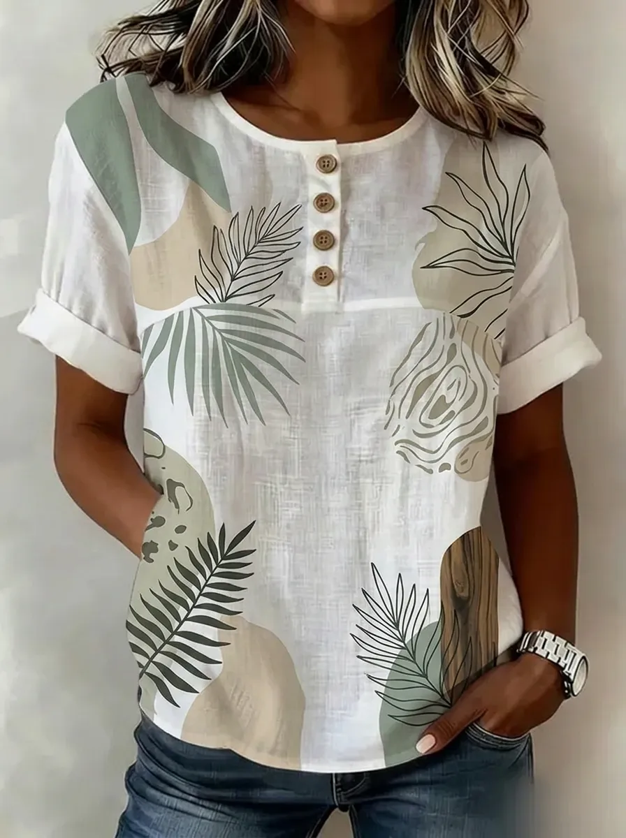 Women's Nashville Tropical Leaf Abstract Printed Button-up Top
