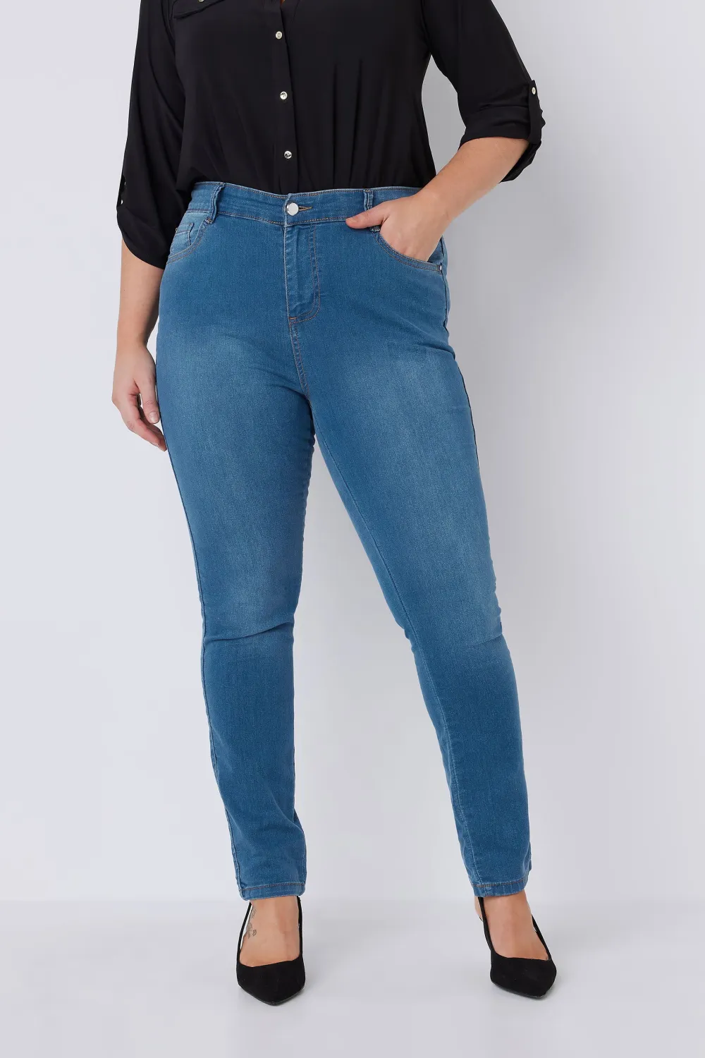 EVANS Curve Blue Midwash High Waisted Skinny Jeans